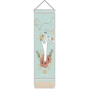 Vertical Leo zodiac tapestry featuring sun icons, sunflowers and white tassels