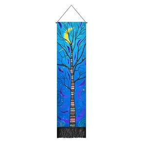 Nordic tree of life tapestry with blue night sky, moon art and black bottom tassels