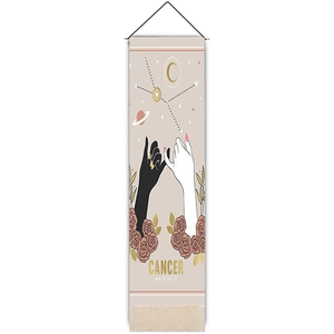 Detailed close-up of Cancer zodiac tapestry with roses, golden moon and starry constellations