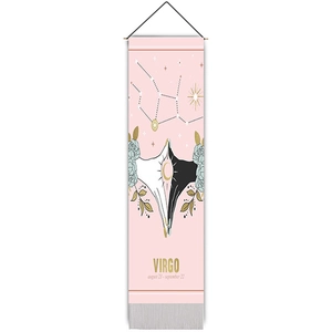 Detail of pink Virgo tarot tapestry featuring black hand graphics and white fringe decor