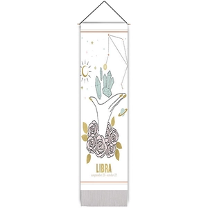 Close-up of Libra zodiac wall scroll with crystal hand illustration and pink flowers