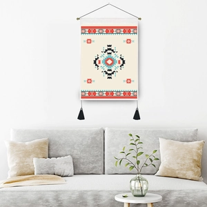 Bohemian tapestry with diamond geometric patterns and black tassels for wall decor