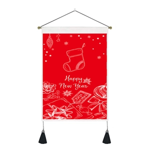 Red Christmas wall tapestry with white festive doodles, hanging rod, and black tassels