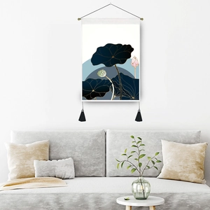 Abstract lotus leaf wall hanging tapestry with gold trim and black tassels for living room