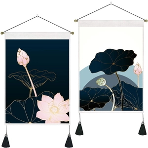Modern minimalist lotus leaf wall art set with Morandi tones and elegant black tassels