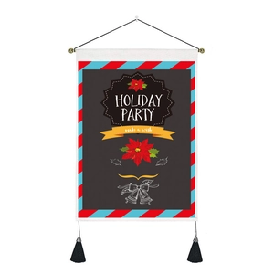 Close-up of Christmas tapestry detail with holiday party text and festive tassel decor