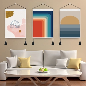 Abstract Geometric Wall Tapestry Nordic Style Hanging Art Decor With Tassels And Wooden Rod Polyester Cotton Canvas