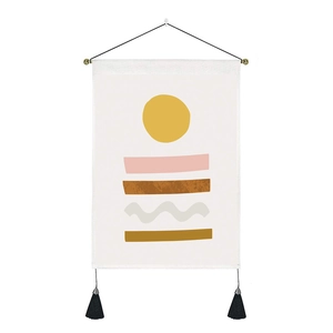 Modern abstract Nordic wall tapestry with yellow geometric shapes and black tassels