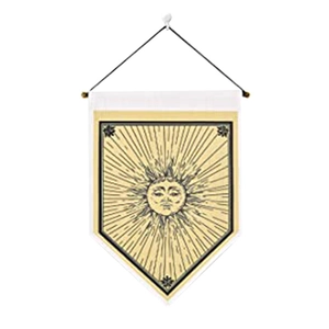Detail of bohemian sun totem wall hanging banner with vintage celestial art style