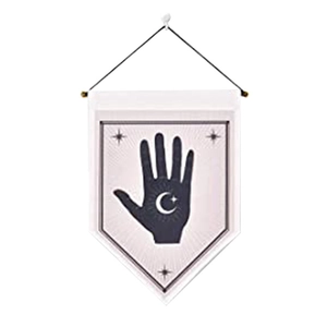 Detail of white canvas triangular flag with mystical sun and moon palmistry print