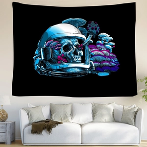 Hippie psychedelic tapestry with astronaut skull and mushrooms for wall art decoration