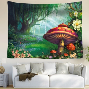 Psychedelic forest tapestry with red mushroom house and weeping willow wall decor