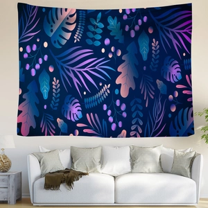 Deep blue psychedelic wall tapestry with tropical monstera leaves in neon pink and teal