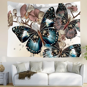Deep blue mandala tapestry with butterfly and orchid art above a white living room sofa