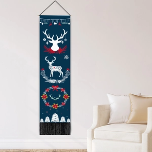Vertical blue Christmas tapestry with reindeer designs and decorative black tassels