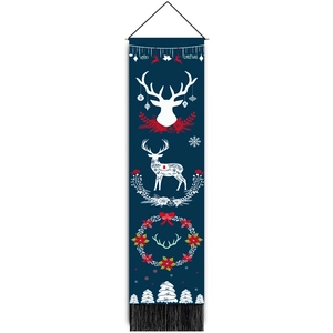 Vertical blue Christmas tapestry with reindeer, wreath and white trees decoration