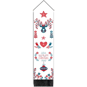 Close-up of Nordic Christmas reindeer tapestry with stars, hearts and black tassel detail