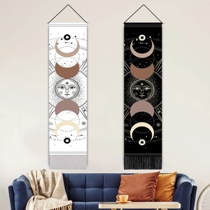 Bohemian Moon Phase Wall Hanging Tapestry Cotton Linen With Wooden Rod Tassel Celestial Sun Astrology Decor