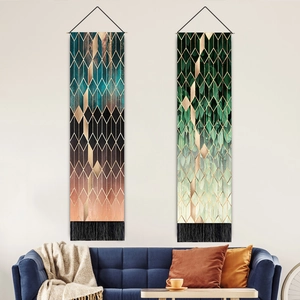 Modern Geometric Abstract Wall Tapestry Long Vertical Decorative Hanging Painting With Tassels And Wooden Rod For Living Room Bedroom Home Decor