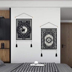 Bohemian sun and moon wall tapestry set with black and white astrology zodiac patterns