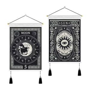 Bohemian Sun and Moon tapestry set with black tassels and wooden hanging rods