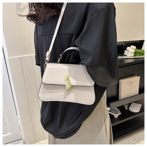 Vue latérale du sac bandoulière crème avec fermoir feuille dorée sur fond de maison moderne