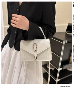 Detail showing the white crocodile-textured leather and golden horseshoe buckle on the bag
