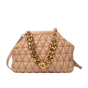 Quilted apricot cloud handbag with thick gold chain handle and leather strap