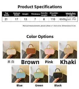 Detaillierte Größentabelle und Materialdetails für die modische PU-Handtasche mit Kette