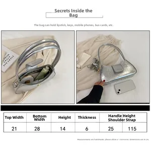 Guide des tailles détaillé pour sac à main argenté texture crocodile avec mesures