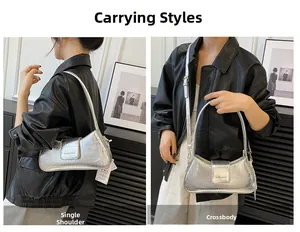 Sac argenté motif crocodile montrant les styles bandoulière et porté épaule