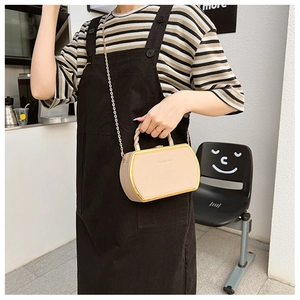 Detail der Box-Tasche mit Goldkanten, gewebtem Griff und Metall-Kettenriemen