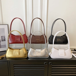 Sac Baguette Femme En Cuir PU Gaufré Crocodile Sac À Main Épaule Bandoulière Avec Rabat Fermeture Magnétique Dorée