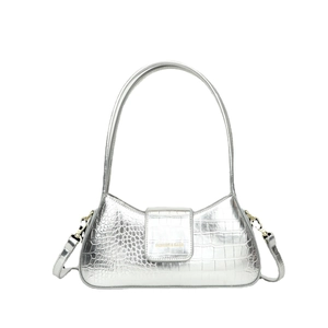Sac baguette argenté motif crocodile avec texte mode et bandoulière réglable amovible