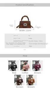 Detailed size chart and multi-color options for the pleated rhinestone square handbag