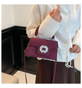 Macro shot of burgundy velvet handbag featuring an ornate crystal buckle and top handle