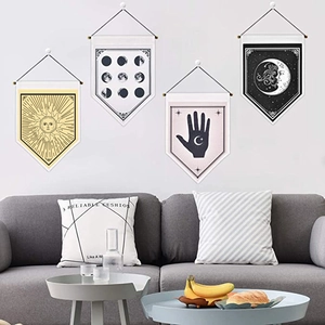 Bohemian sun and moon tapestry wall hangings set with triangular flags and fringe