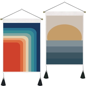Nordic abstract geometric tapestry set with rainbow sun patterns and black tassels