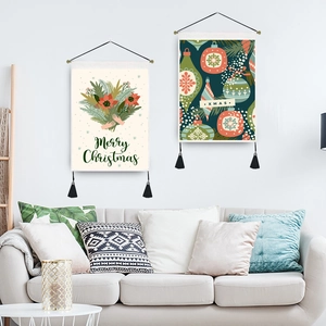Nordic Christmas hanging wall scrolls with cute girl festive illustrations and black tassels