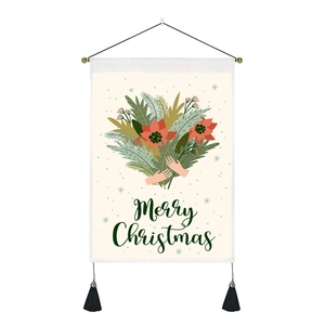Christmas wall hanging tapestry with cute flower bouquet illustration and black tassels