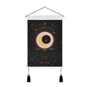 Bohemian sun and moon tapestry with gold star patterns and black tassels for wall decor