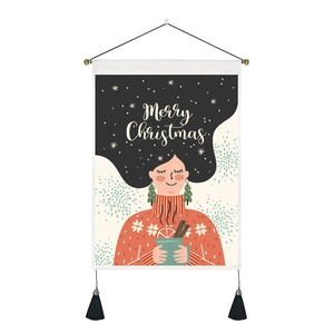 Cute girl Christmas wall hanging tapestry with orange sweater and festive tassels