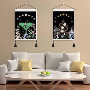 Arazzo Da Parete Poliestere Falena Luna Serpente Motivo Fasi Lunari Fiori Nappa Stile Bohemien Mistico Arredo Camera
