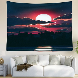 Detailed view of an astronaut space tapestry hanging over a minimalist sofa in a room