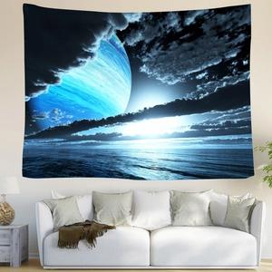 Modern astronaut space tapestry with blue planet over sofa in living room