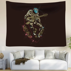 Astronaut playing guitar on meteorite tapestry for modern home wall decor