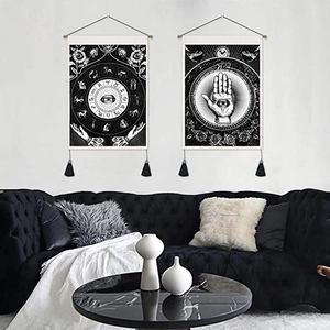 Bohemian wall tapestry set with zodiac astrology wheel and Hamsa hand design