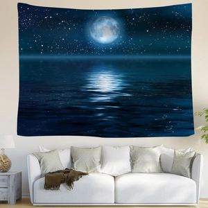 Detail of soft fabric wall tapestry featuring deep blue ocean waves and moonlit night sky