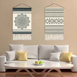 Tapisserie Murale Mandala Bohème Tissu Polyester Coton Décoratif Avec Franges Et Tige En Bois Motif Géométrique Décoration