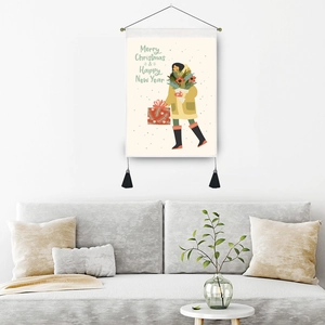 Nordic Christmas wall hanging with a cute girl illustration and black decorative tassels